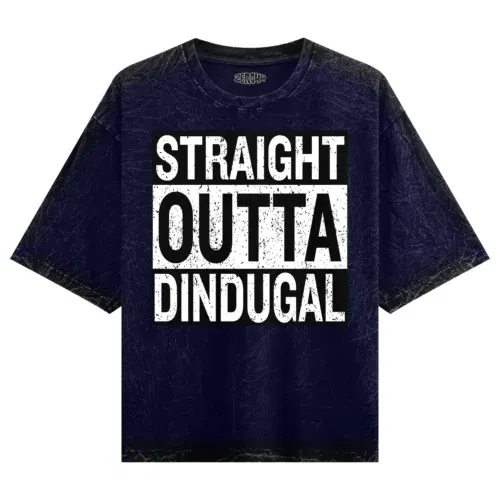 Straight outta dindugal men/unisex acid wash oversized t-shirt in navy blue color