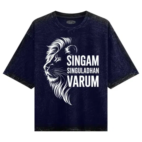 Singam singuladhan varum men/unisex acid wash oversized t-shirt in navy blue color