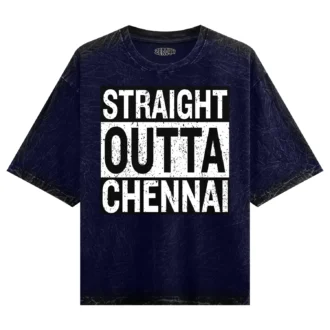 Straight Outta Chennai Men/Unisex Acid Wash Oversized T-Shirt in Navy Blue Color