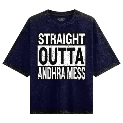Straight outta andhra mess men/unisex acid wash oversized t-shirt in navy blue color
