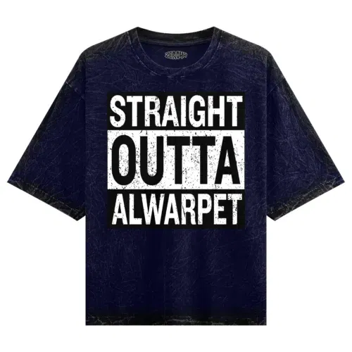 Straight outta alwarpet men/unisex acid wash oversized t-shirt in navy blue color