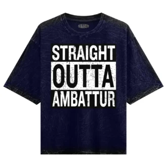 Straight Outta Ambattur Men/Unisex Acid Wash Oversized T-Shirt in Navy Blue Color
