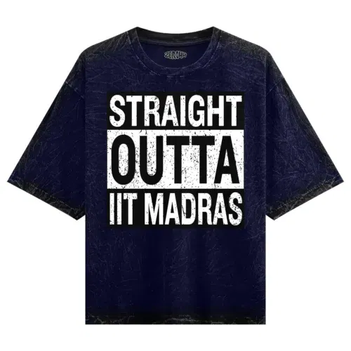 Straight outta iit madras men/unisex acid wash oversized t-shirt in navy blue color