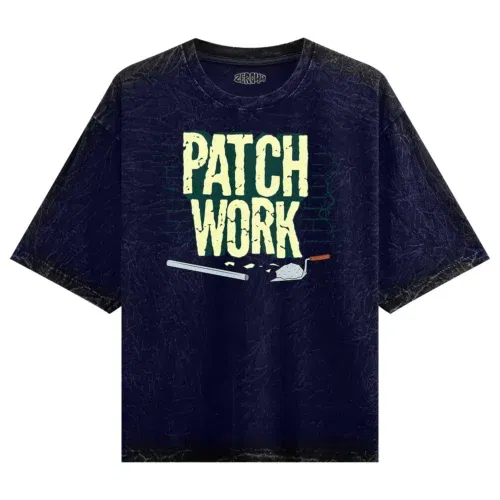 Patch work men/unisex acid wash oversized t-shirt in navy blue color