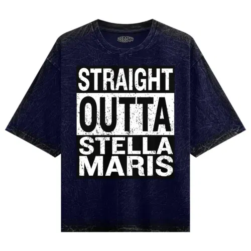 Straight outta stella maris men/unisex acid wash oversized t-shirt in navy blue color
