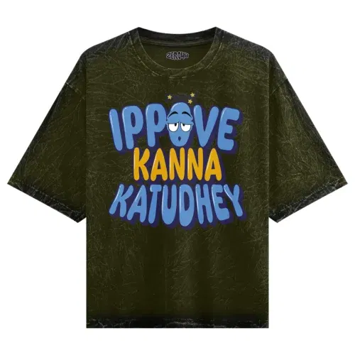 Ippove kanna katudhey men/unisex acid wash oversized t-shirt in olive green color