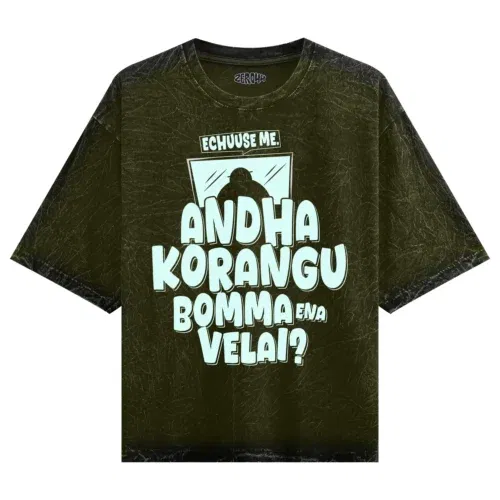 Echuuse me andha korangu bomma ena velai? Men/unisex acid wash oversized t-shirt in olive green color