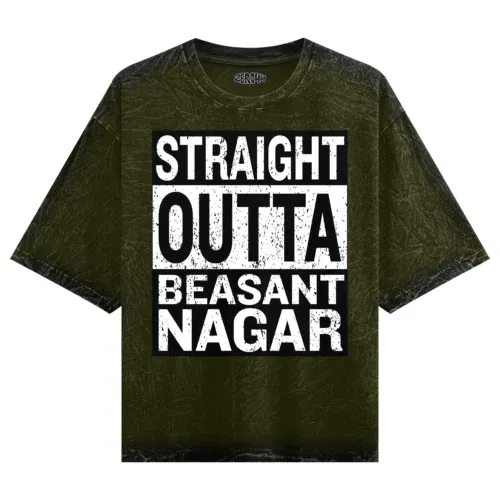 Straight outta beasant nagar men/unisex acid wash oversized t-shirt in olive green color