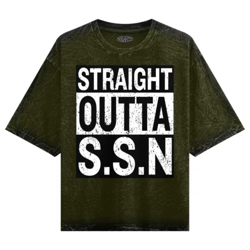 Straight outta ssn university men/unisex acid wash oversized t-shirt in olive green color