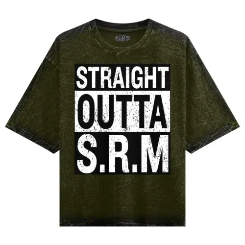 Straight outta srm university men/unisex acid wash oversized t-shirt in olive green color
