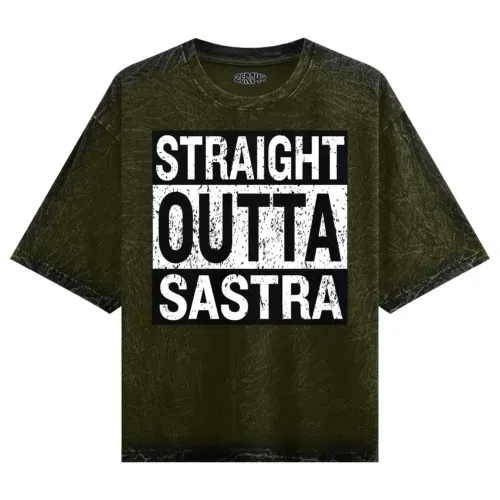 Straight outta sastra men/unisex acid wash oversized t-shirt in olive green color