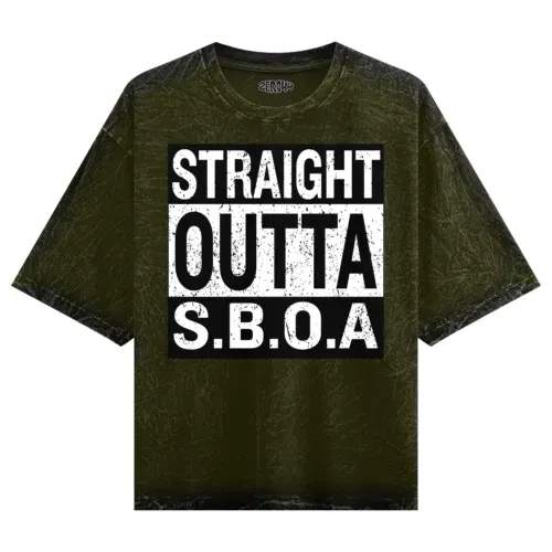Straight outta sboa men/unisex acid wash oversized t-shirt in olive green color