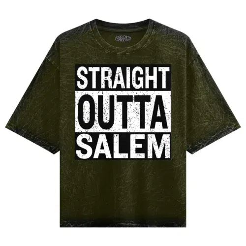 Straight outta salem men/unisex acid wash oversized t-shirt in olive green color