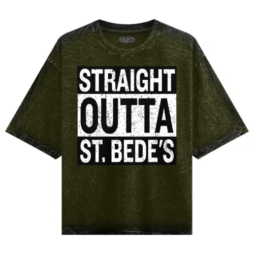Straight outta st. Bedes men/unisex acid wash oversized t-shirt in olive green color