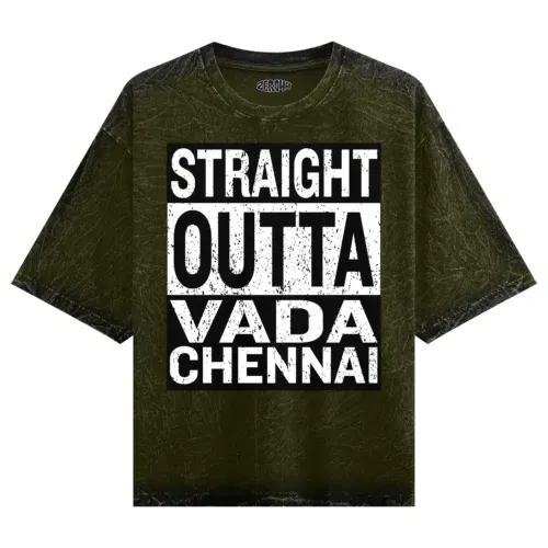 Straight outta vada chennai men/unisex acid wash oversized t-shirt in olive green color