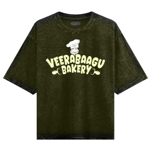 Veerabaagu bakery men/unisex acid wash oversized t-shirt in olive green color