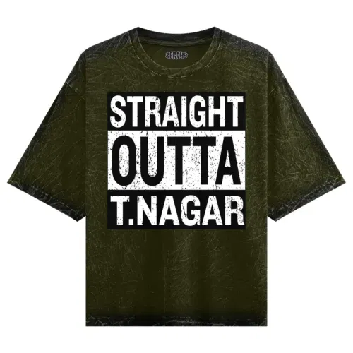 Straight outta t-nagar men/unisex acid wash oversized t-shirt in olive green color