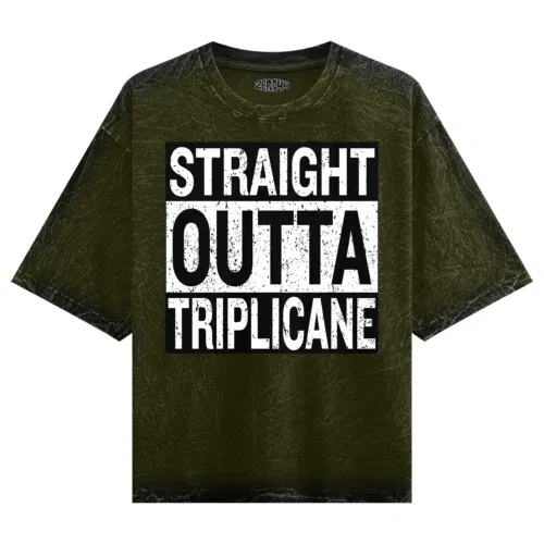 Straight outta triplicane men/unisex acid wash oversized t-shirt in olive green color