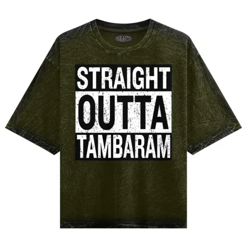 Straight outta tambaram men/unisex acid wash oversized t-shirt in olive green color