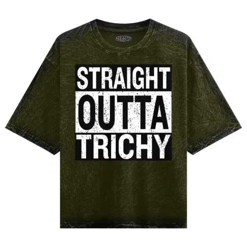 Straight outta trichy men/unisex acid wash oversized t-shirt in olive green color