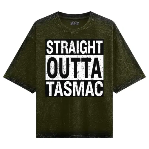 Straight outta tasmac men/unisex acid wash oversized t-shirt in olive green color