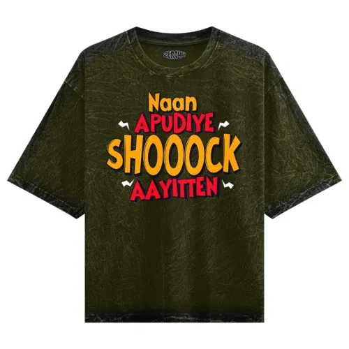 Naan apudiye shoooock aayitten men/unisex acid wash oversized t-shirt in olive green color