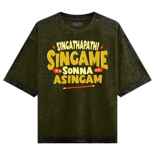 Singathapathi singame sunna asingam men/unisex acid wash oversized t-shirt in olive green color