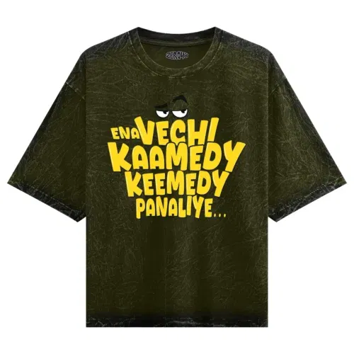 Ena vechi kaamedy keemady panaliye men/unisex acid wash oversized t-shirt in olive green color
