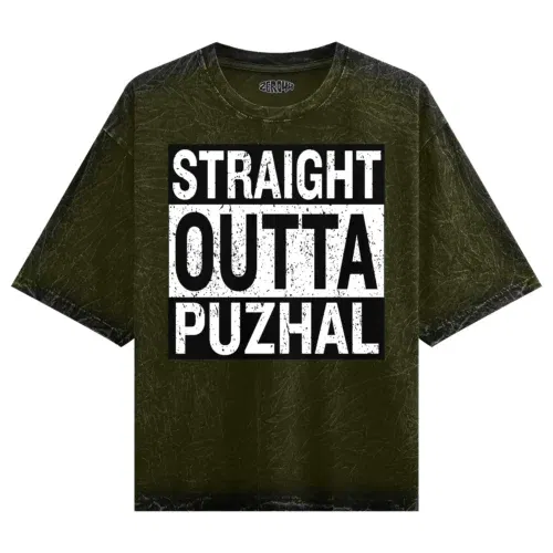 Straight outta puzhal men/unisex acid wash oversized t-shirt in olive green color