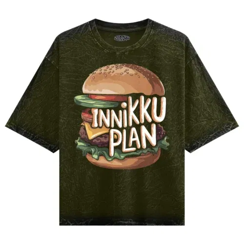 Innikki plan - burger men/unisex acid wash oversized t-shirt in olive green color