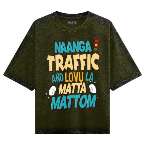 Naanga traffic and lovu la matta mattom men/unisex acid wash oversized t-shirt in olive green color
