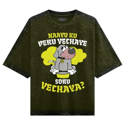 Naayu ku peru vachaye soru vachaye men/unisex acid wash oversized t-shirt in olive green color