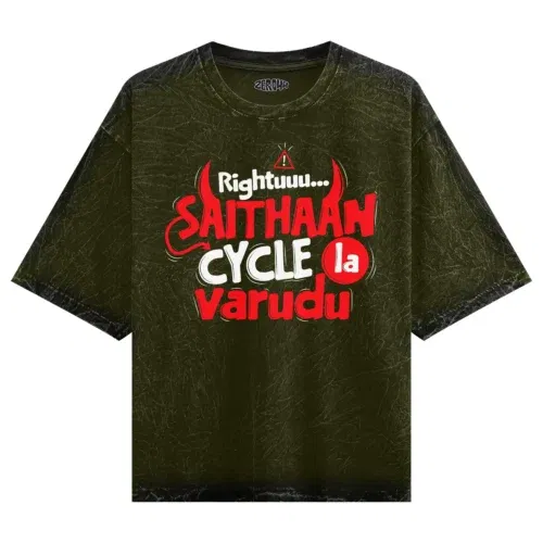 Rightuuu.. Saithaan cycle la varudhu men/unisex acid wash oversized t-shirt in olive green color