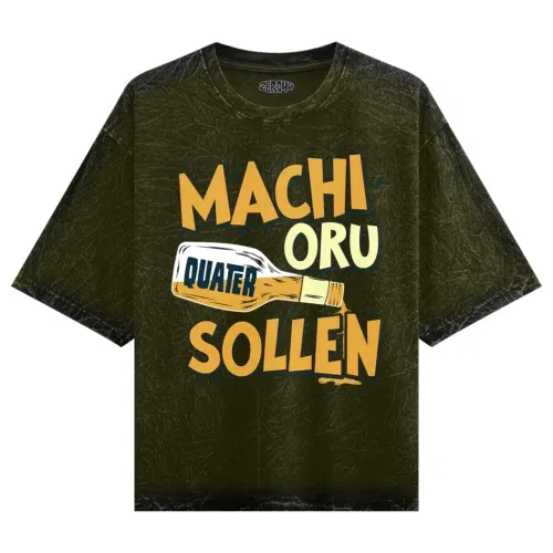 Machi oru quater sollen men/unisex acid wash oversized t-shirt in olive green color