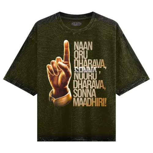 Naan oru dharava sonna, nooru dharava sonna maadhiri men/unisex acid wash oversized t-shirt in olive green color