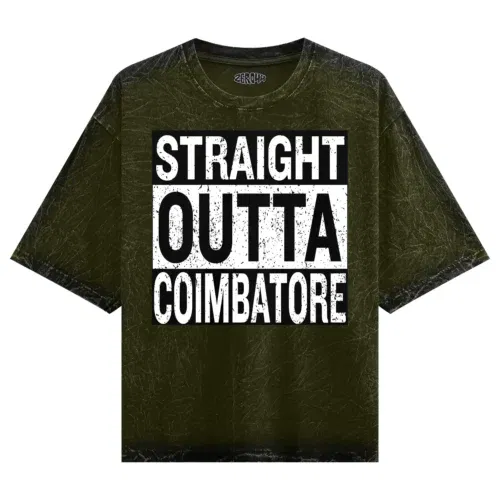 Straight outta coimbatore men/unisex acid wash oversized t-shirt in olive green color