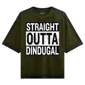 Straight Outta Dindugal Men/Unisex Acid Wash Oversized T-Shirt in Olive Green Color