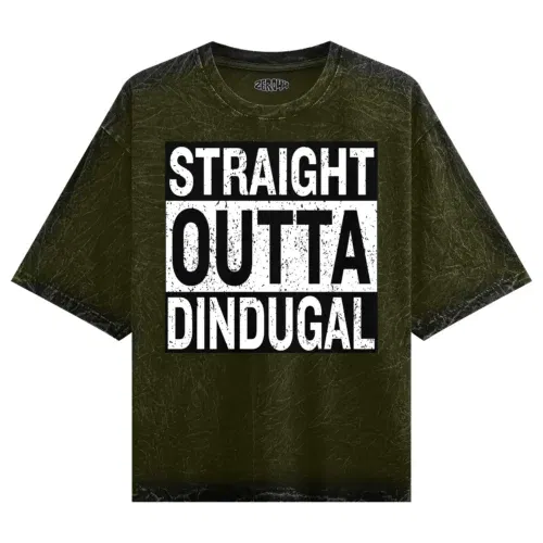 Straight outta dindugal men/unisex acid wash oversized t-shirt in olive green color