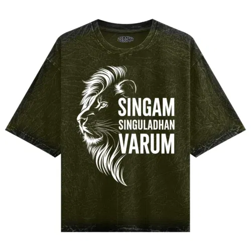 Singam singuladhan varum men/unisex acid wash oversized t-shirt in olive green color