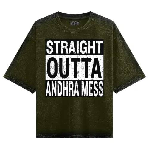 Straight outta andhra mess men/unisex acid wash oversized t-shirt in olive green color