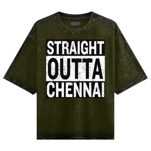 Straight outta chennai men/unisex acid wash oversized t-shirt in olive green color