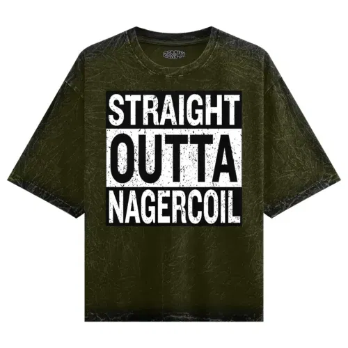 Straight outta nagercoil men/unisex acid wash oversized t-shirt in olive green color