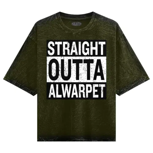 Straight outta alwarpet men/unisex acid wash oversized t-shirt in olive green color