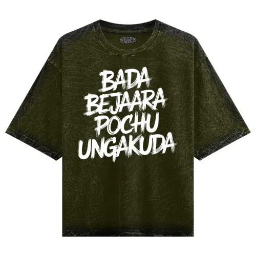 Bada bejaara pochu ungakuda (black) men/unisex acid wash oversized t-shirt in olive green color