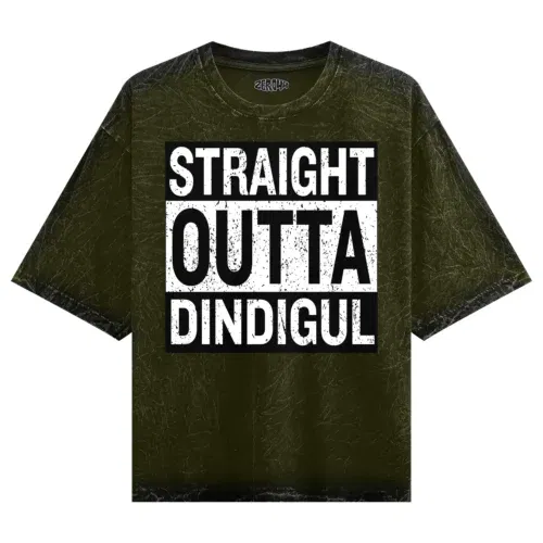Straight outta dindigul men/unisex acid wash oversized t-shirt in olive green color
