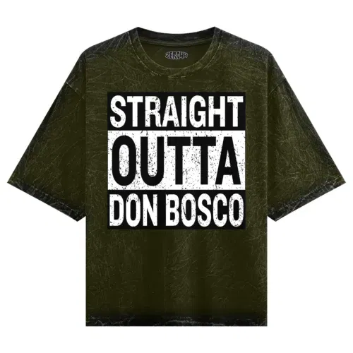 Straight outta don bosco men/unisex acid wash oversized t-shirt in olive green color
