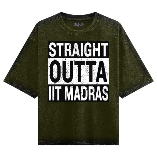 Straight outta iit madras men/unisex acid wash oversized t-shirt in olive green color