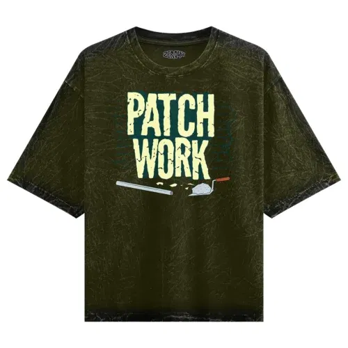 Patch work men/unisex acid wash oversized t-shirt in olive green color