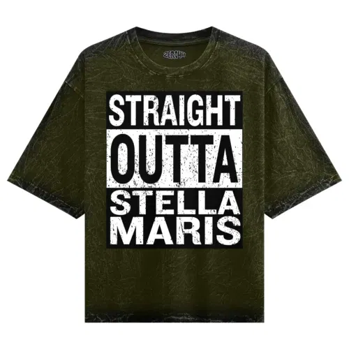 Straight outta stella maris men/unisex acid wash oversized t-shirt in olive green color