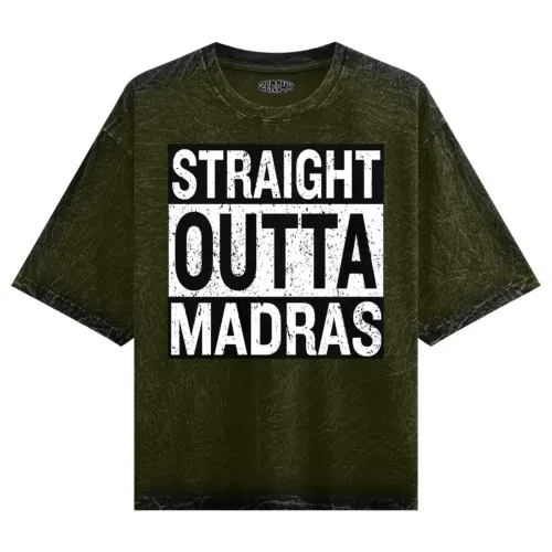 Straight outta madras men/unisex acid wash oversized t-shirt in olive green color